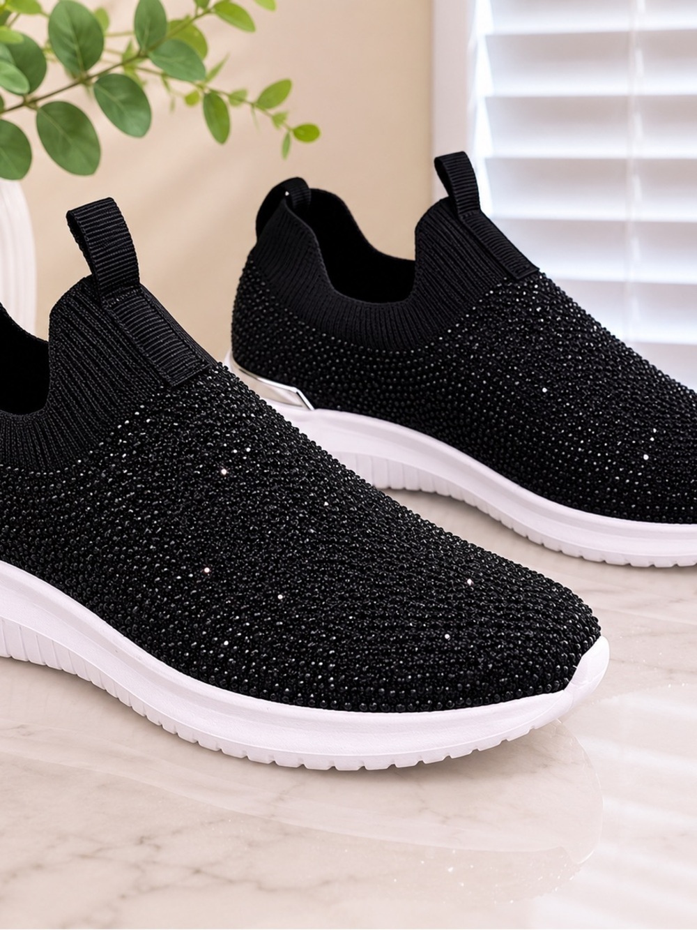 Anne Klein Rhinestone Knit Slip-On Sneakers | Black Sparkle Comfort Size 7.5